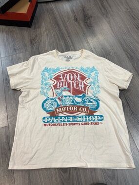 Von Dutch Cream Short Sleeve Tee with Red & Blue Motorcycle Graphic